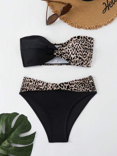 مجموعة بيكيني النساء لإرتداءها في الصيف على الشاطئ يتضمن الطبعة الفهدية والقطع المجمعة والعقدة الملتوية مع الباندو