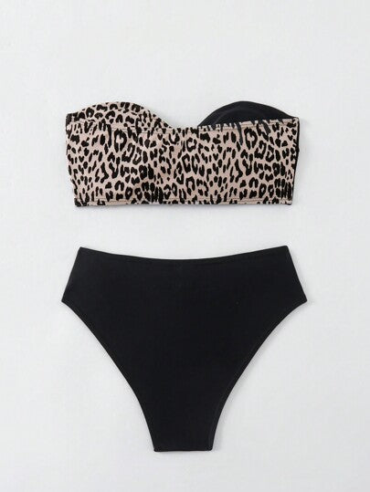 مجموعة بيكيني النساء لإرتداءها في الصيف على الشاطئ يتضمن الطبعة الفهدية والقطع المجمعة والعقدة الملتوية مع الباندو