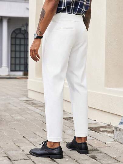 Manfinity Bizformal بنطلون رجالي ذو لون واحد قصير مستقيم ضيق بجيوب، بنطلون كاجوال مستقيم فضفاض لأوقات العطلات، هدايا للأزواج والأصدقاء الذكور