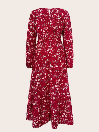 LUNE فستان كم فوانيس طباعة زهور متناثرة للعطلات وملابس السنة الجديدة ماكسي للسيدات