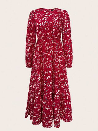 LUNE فستان كم فوانيس طباعة زهور متناثرة للعطلات وملابس السنة الجديدة ماكسي للسيدات