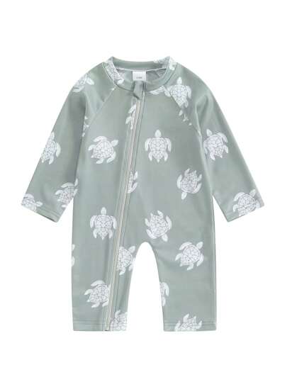 مايوه أولادي بدلة سباحة صيفية للأولاد ذات أكمام طويلة وسحاب رمادي حراري