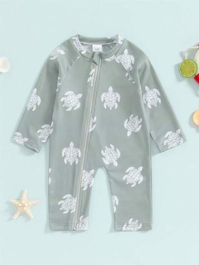 مايوه أولادي بدلة سباحة صيفية للأولاد ذات أكمام طويلة وسحاب رمادي حراري