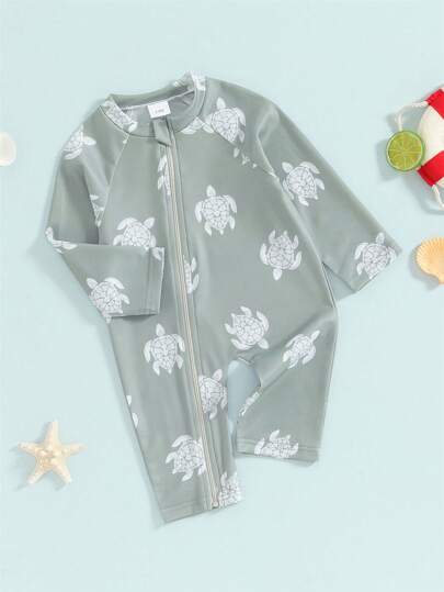 مايوه أولادي بدلة سباحة صيفية للأولاد ذات أكمام طويلة وسحاب رمادي حراري