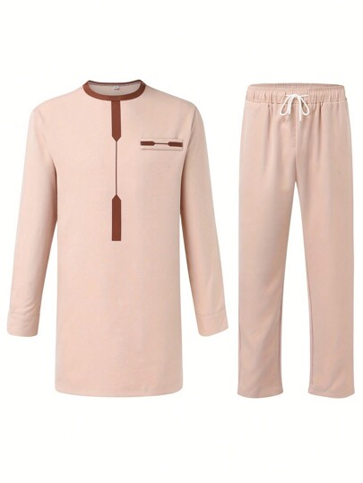 لباس رجالي قميص بأكمام طويلة وبنطلون طويل بلون سادة واحدة، بتصميم بسيط