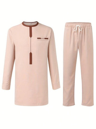 لباس رجالي قميص بأكمام طويلة وبنطلون طويل بلون سادة واحدة، بتصميم بسيط