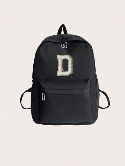 حقيبة ظهر بسيطة وأنيقة ذات لون أحادي خفيفة الوزن وسعة كبيرة مطبوعة بأحرف، مناسبة لموسم العودة إلى المدارس، رقع من القماش بأحرف A-Z أبيض يمكن DIY حسب الطلب، مع تنوع من المتعة، مع جيب جانبي إغلاق بسوستة، مناسبة للمراهقين، المدرسة، رحلات يومية، التسوق، السفر