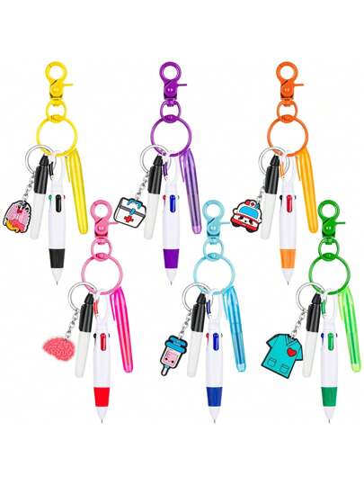 1/2/6 مجموعة قلم تحديد صغير للممرضات للملصق، مكون من 1 قلم تحديد، 1 قلم تخطيط دائم، و 1 قلم كرة قابل للسحب بإضافة 1 دبوس مفتاح للرعاية الصحية