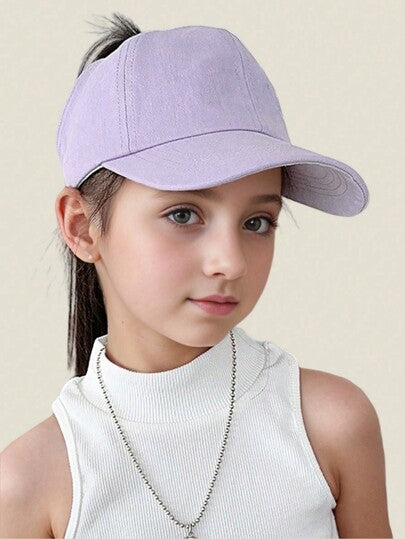 قبعة بيسبول لحماية الطفل من أشعة الشمس بلون سادة، عصرية وعملية، يمكن ارتداؤها مع ذيل حصان عالي