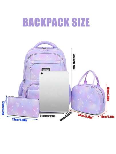 طقم ظهر مدرسي للفتيات 3 قطع، حقيبة مدرسية، حقيبة كتب للطلاب، حقيبة سفر خارجية، شنطة قلم رصاص، حقيبة غداء، مناسبة للفتيات المراهقات، المدرسة والسفر (طباعة عشوائية)