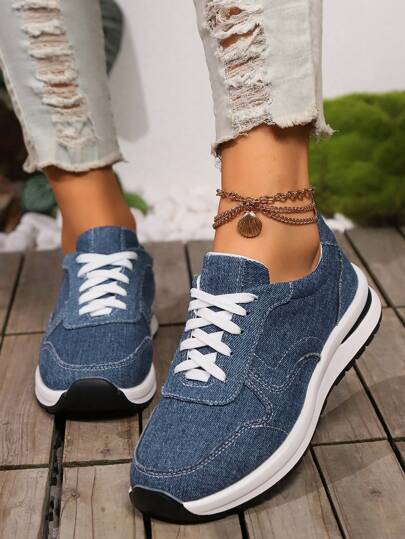 حذاء رياضي كاجوال للنساء - خفيف الوزن مضاد للانزلاق، وحدة تنعيم سميكة مريحة، أحذية جينز بنظام ربط، مناسب لجميع الفصول