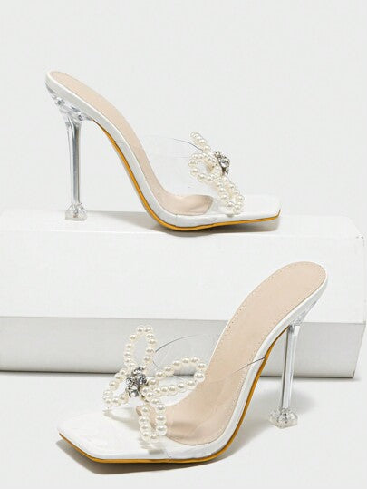 صنادل صيفية جذابة للنساء بكعب عالٍ مزين بشرائط وكريستال شفاف، كعب عصاري مرتفع، تفصيل فيونكة وزخرفة لؤلؤية