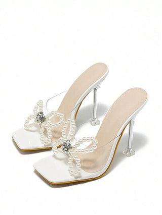 صنادل صيفية جذابة للنساء بكعب عالٍ مزين بشرائط وكريستال شفاف، كعب عصاري مرتفع، تفصيل فيونكة وزخرفة لؤلؤية