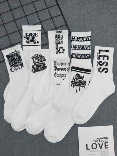 5 أزواج من جوارب الرجال الطويلة العشوائية البيضاء الأزياء للربيع و الصيف والخريف والشتاء. مثالي لرياضة كرة السلة و الملابس الشارعية و ركوب الألواح و الطلاب، جوارب منتصف الساق