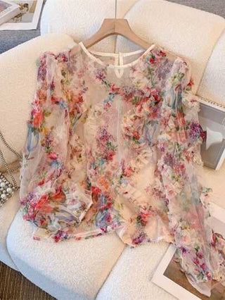 EMERY ROSE قميص نسائي بأكمام طويلة شبكة زهرية مزين بطيات، مثالي للعطلة