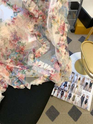 EMERY ROSE قميص نسائي بأكمام طويلة شبكة زهرية مزين بطيات، مثالي للعطلة