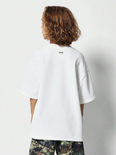 SUMWON قميص كم بطول المرفق برقعة صغيرة ذو قصة واسعة من القطن الثقيل للأولاد في سن المراهقة