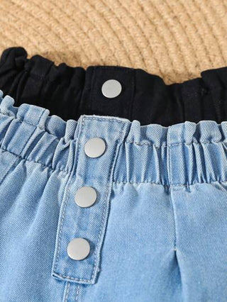 SHEIN طقم بنطلون جينز للبنات طفلة قصة خصر ورقي بأزرار أمامية قطعتان
