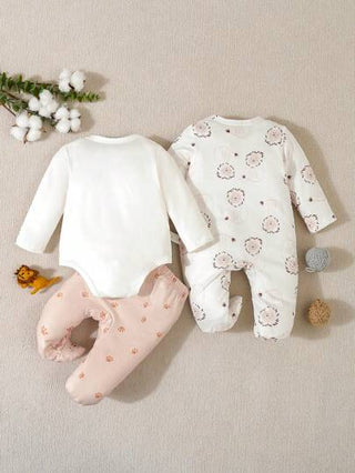 SHEIN طقم بيجاما اطفال ولادي 3 قطع، بدلة نوم برقبة أسد كيوت وبنطال طويل