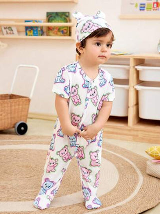 SHEIN ١قطعة بيجامات قدم من الأطفال الصبية مطبوعة برسومات حيوانات جميلة بأكمام قصيرة