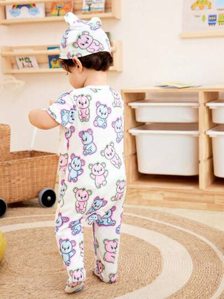 SHEIN ١قطعة بيجامات قدم من الأطفال الصبية مطبوعة برسومات حيوانات جميلة بأكمام قصيرة