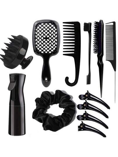 مجموعة فرش وأمشاط تصفيف الشعر، فرشاة فك التشابك للشعر لجميع أنواع الشعر، فرشاة تنظيف الشعر وأمشاط ذيل الفأر وفرش الحواف، فرشاة تدليك فروة الرأس السيليكون لغسل الشعر، زجاجة رش تصفيف الشعر، مجموعة أدوات تصفيف الشعر
