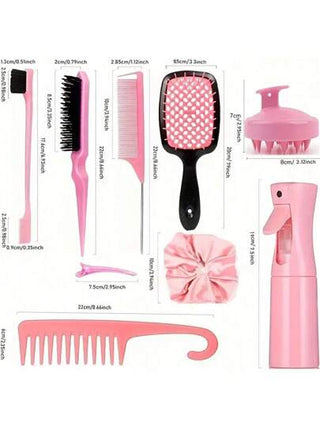 مجموعة فرش وأمشاط تصفيف الشعر، فرشاة فك التشابك للشعر لجميع أنواع الشعر، فرشاة تنظيف الشعر وأمشاط ذيل الفأر وفرش الحواف، فرشاة تدليك فروة الرأس السيليكون لغسل الشعر، زجاجة رش تصفيف الشعر، مجموعة أدوات تصفيف الشعر