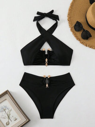 Swim SXY مجموعة بيكيني الحلزونية الصلبة المربوطة برباط الرقبة للصيف على شاطئ البحر