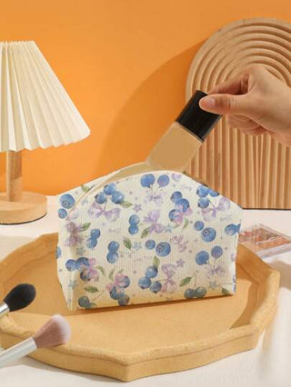 ROMWE Kawaii حقيبة مستحضرات تجميل بطرفين مكعبة بطية ، وسادة مستحضرات تجميل من القطيفة ذات نمط توت أزرق (عنصر ساخن)