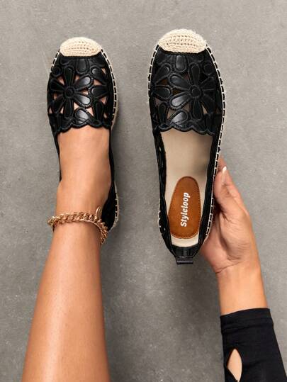 Styleloop أحذية نسائية أسبدريل مسطحة باللون الأسود بتطريز زهري، للصيف والعطلات، أحذية بيع الصيف، عودة للمدرسة، أحذية طلاب الكلية، شعور البوهيمي والقرية القديمة الفرنسية، أحذية عيد الهالوين والسنة الجديدة والأعياد
