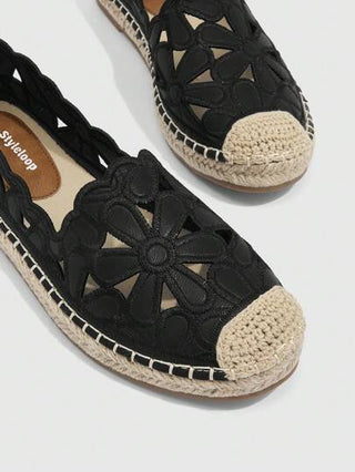 Styleloop أحذية نسائية أسبدريل مسطحة باللون الأسود بتطريز زهري، للصيف والعطلات، أحذية بيع الصيف، عودة للمدرسة، أحذية طلاب الكلية، شعور البوهيمي والقرية القديمة الفرنسية، أحذية عيد الهالوين والسنة الجديدة والأعياد
