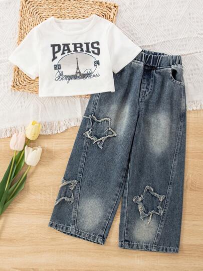 تيشيرتات بناتي مجموعة شورت أكمام طبعات الفتيات الصغيرات + جينز دنيم، 2 قطعة