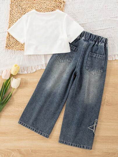 تيشيرتات بناتي مجموعة شورت أكمام طبعات الفتيات الصغيرات + جينز دنيم، 2 قطعة