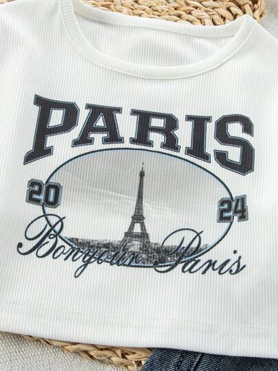 تيشيرتات بناتي مجموعة شورت أكمام طبعات الفتيات الصغيرات + جينز دنيم، 2 قطعة