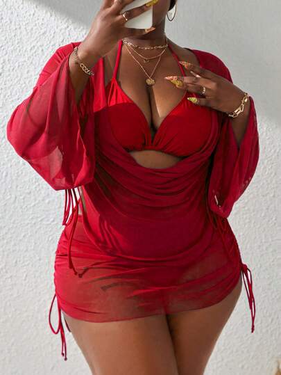 SHEIN Slayr CURVE مجموعة بلوكات اللون (4 قطع) لملابس السباحة، بمقاسات كبيرة لعام 2025، خاصة بموسم الصيف والعطلات الشاطئية