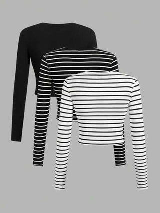 EZwear تيشيرت نسائي بأكمام طويلة مقصوص بقصّة عصرية وياقة دائرية ضيقة 3 قطع، عارضة للارتداء اليومي