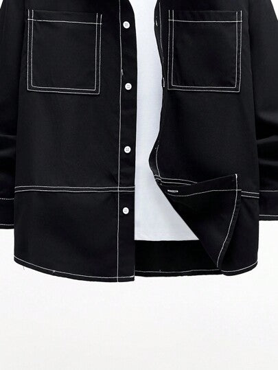 SHEIN قميص نسيجي بأكمام طويلة لتويز بتصميم ألوان مقطعة، مع خطوط ملونة، جيوب وياقة، مناسب للحياة اليومية والمدرسة واللباس الكاجوال والعطلات والرياضة، مثالي لجميع المواسم