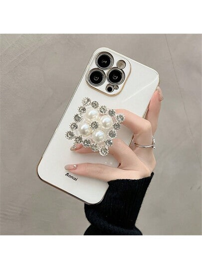 قطعة واحدة حامل هاتف محمول قابل للطي من مادة البولي يوريثان مقاوم للماء مزين باللؤلؤ والراين ستون، متوافق مع أجهزة وأندرويد، هدية لعيد الميلاد والعائلة والأصدقاء، مع مسكة هاتف للسحب والدفع، اكسسوارات هواتف محمولة