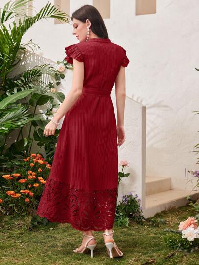 Modelyn فستان ماكسي طويل لسهرة المساء ، لون أحمر برجوندي بسيط للاستخدام اليومي للنساء، مرتبط بحزام