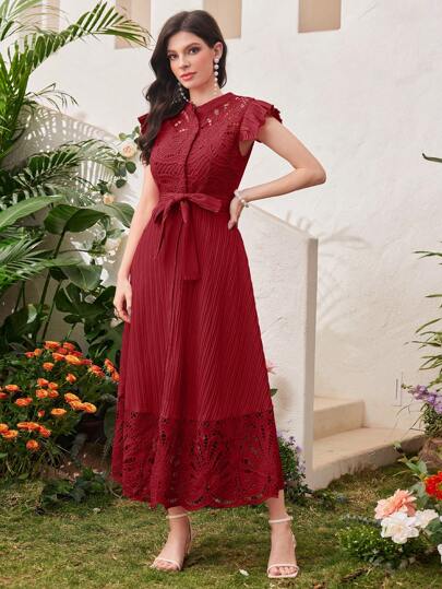 Modelyn فستان ماكسي طويل لسهرة المساء ، لون أحمر برجوندي بسيط للاستخدام اليومي للنساء، مرتبط بحزام