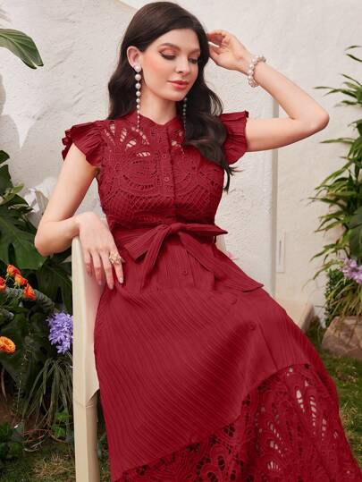 Modelyn فستان ماكسي طويل لسهرة المساء ، لون أحمر برجوندي بسيط للاستخدام اليومي للنساء، مرتبط بحزام