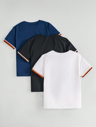SHEIN 3 قطع تيشرتات صيفية بأكمام قصيرة ورقبة دائرية و قَصة فضفاضة للصَبيان لمرحلة المُراهَقين مع نمط في التصميم