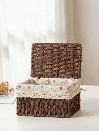 1 قطعة/ 3 قطع سلة تخزين مكتبية مع غطاء، وعاء منظم متعدد الأغراض للألعاب والمفاتيح والمستحضرات التجميلية للمنزل والمطبخ والحمام والنوم والمعيشة والمكتب، سلة نباتات بوهيمية من الحبال، سلة زخرفة حديقة طبيعية من خليط القصب والفلزات بأشكال هندسية للأجواء...