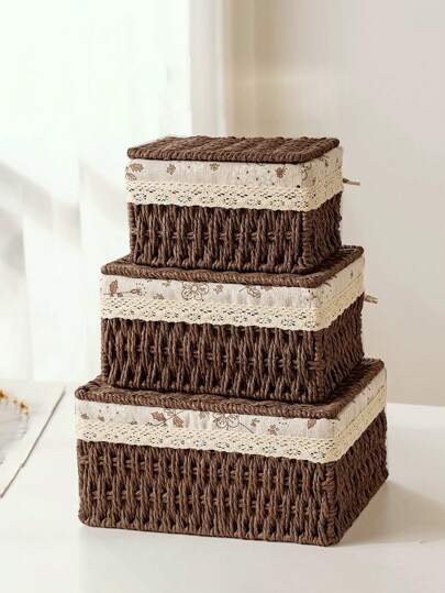 1 قطعة/ 3 قطع سلة تخزين مكتبية مع غطاء، وعاء منظم متعدد الأغراض للألعاب والمفاتيح والمستحضرات التجميلية للمنزل والمطبخ والحمام والنوم والمعيشة والمكتب، سلة نباتات بوهيمية من الحبال، سلة زخرفة حديقة طبيعية من خليط القصب والفلزات بأشكال هندسية للأجواء...