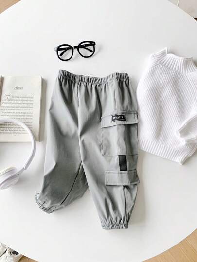 بنطال طفل رضيع قطعة واحدة بخصر كاجوال مطبوع عليه حرف، متعدد الجيوب والسحاب، مناسب للربيع والخريف والشتاء، للارتداء اليومي، المنزل، الخارج، والرياضة