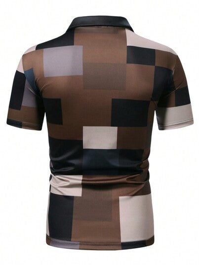 Manfinity Mode قميص بولو كاجوال ذو طبعة هندسية بدرجات البني، أكمام قصيرة وياقة متقلبة، قميص صيفي للخروج، مناسب للزوج