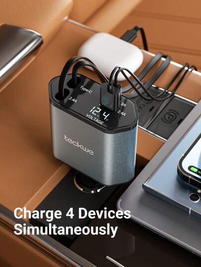 Teckwe شاحن سيارة، شاحن سيارة 4 في 1 مع شحن فائق السرعة وكابل قابل للسحب، شاحن سيارة متعدد الوظائف محمول للهواتف المحمولة، هدايا عيد الميلاد، ضروريات لحملات التخييم في الخريف والشتاء، مستلزمات العطلات، لوازم التخييم