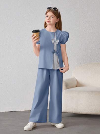 تيشيرتات بناتي قميص وبنطلون فتاة مراهقة غير متشابك بأكمام قصيرة من البقع الفلينية وقطعتين عارضتين