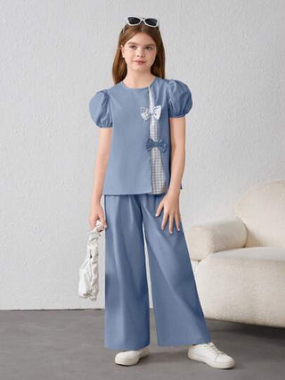 تيشيرتات بناتي قميص وبنطلون فتاة مراهقة غير متشابك بأكمام قصيرة من البقع الفلينية وقطعتين عارضتين