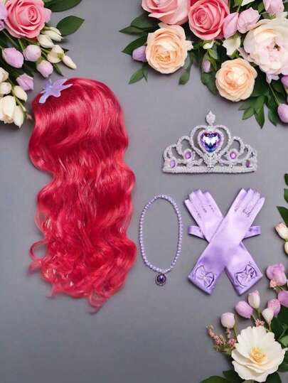 5قطع عبارة عن طقم اكسسوارات أميرة (بروك، تاج، قفازات، عقد) بشعر طويل مجعد أحمر، مثالي لأعياد الميلاد والاحتفالات، اكسسوارات زي الأميرة المثالي كهدية للفتيات